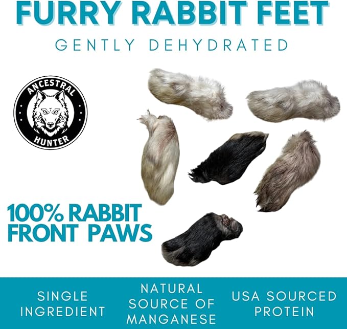 Dehydrated Rabbit Feet for Dogs & Cats - Furry Rabbit Feet Dog Treats - Whole Rabbit Front Paws for Cats & Dogs - Pack of 12