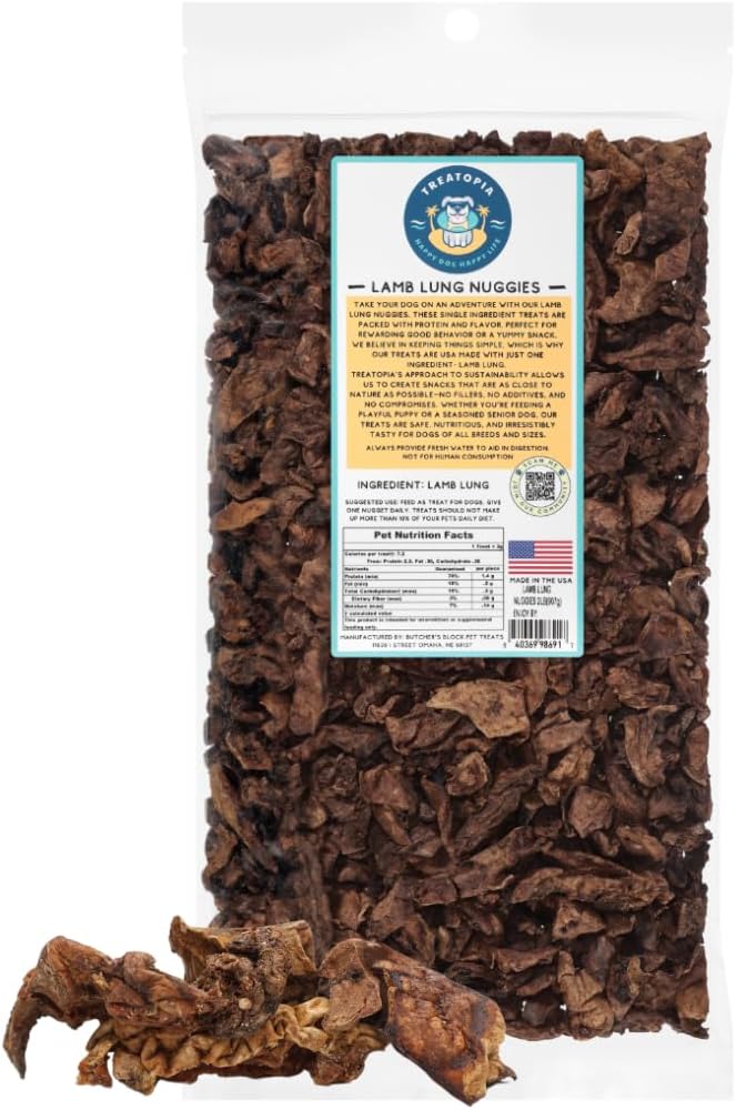 TREATOPIA Lamb Lung Nuggies Bites Dog Treats, 2 LB Bag - All-Natural, Sustainable, Healthy, High Protein, Hand-Trimmed, Slow-Roasted, Made in The USA, Nutritious, No Additives, No Fillers