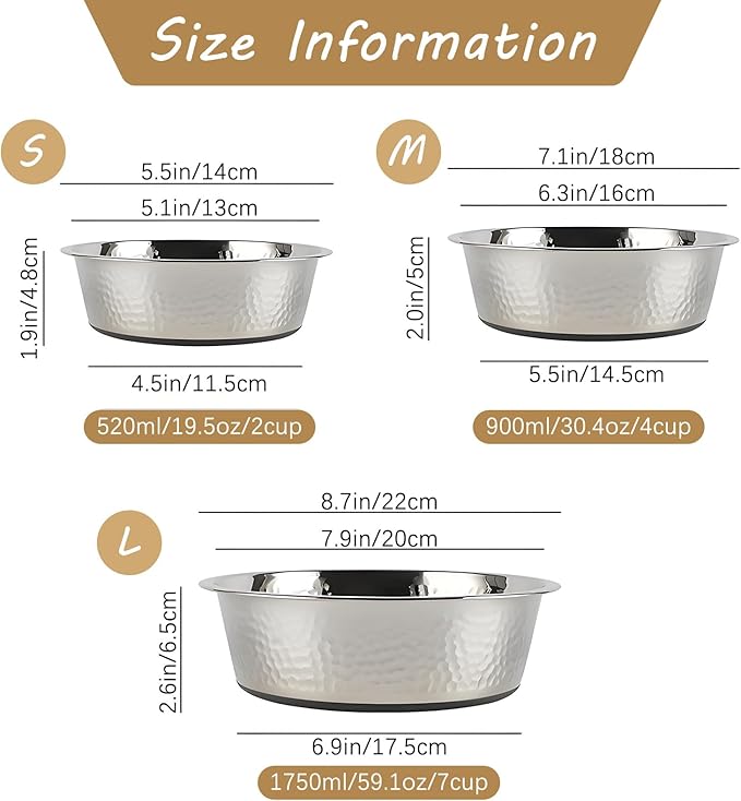 kathson 3PCS Stainless Steel Dog Bowls with Rubber Bottom,Non Slip Cat Bowls Hammered Metal Pet Food and Water Dishes for Kitten Puppy and Small Sized Animals,Dishwasher Safe (5.5in)