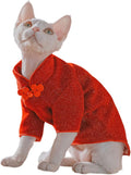 Traditional Culture Sphynx Hairless Cat Cotton T-Shirts Cat Clothes Pet Sweater Cat Vest Pet Clothes Kitten Shirts Cats & Small Dogs Apparel (Red Chi-Pao, S (3.3-5 lbs))