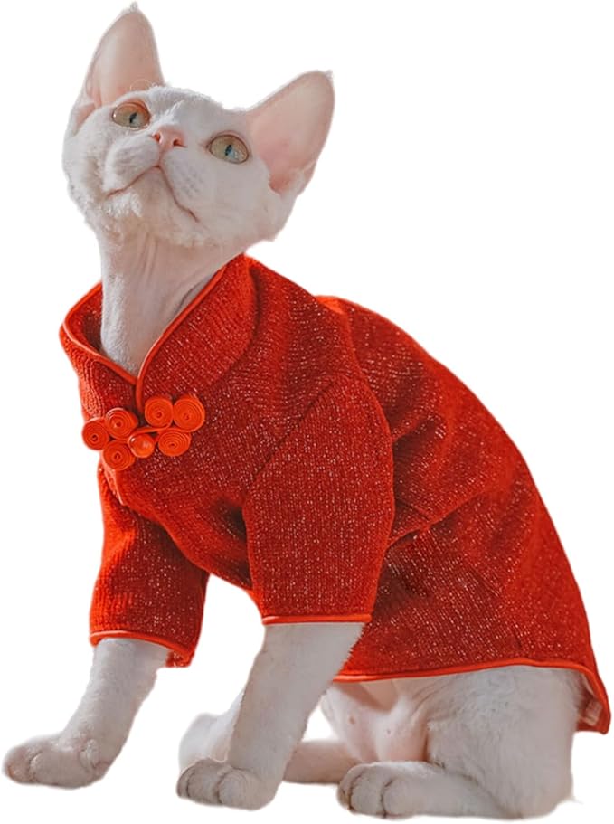 Kitipcoo Traditional Culture Sphynx Hairless Cat Cotton T-Shirts Cat Clothes Pet Sweater Cat Vest Kitten Shirts for Cats & Small Dogs Apparel (Red Chi-Pao, L (7.5-8.8 lbs))