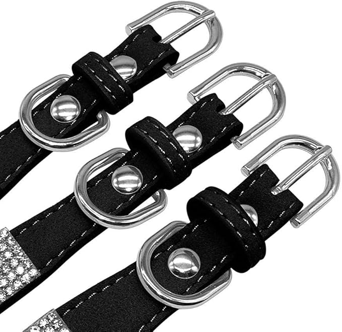 Cute Dazzling Sparkling Elegant Fancy Soft Suede Leather Bling Rhinestone Crystal Jeweled Pet Cat Dog Puppy Collar Dog Leash Combo Set(Black,M 32-38 cm)