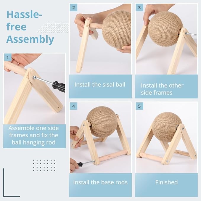 Rabbit Scratcher Toy with Rotating Sisal Ball, Solid Wood Support & Play Base for Small Pets