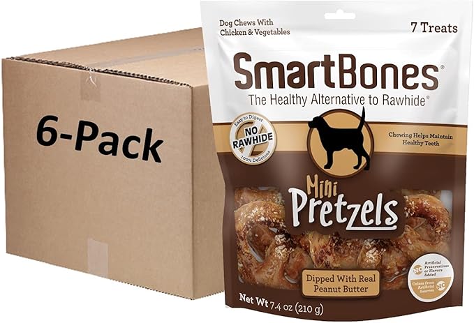 SmartBones Mini Pretzels Dipped With Real Peanut Butter, 7 Count, Rawhide-Free Chews For Dogs, (Pack of 6), Count: 42