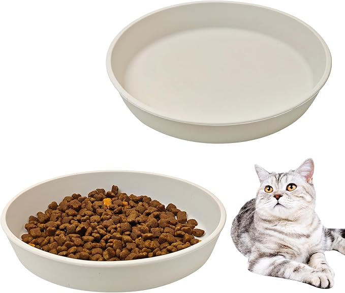 BNOSDM Silicone Cat Food Plate Shallow Dog Bowl 2 Pack Flat Puppy Feeding Dish for Small Dogs and Cats Whisker Fatigue Pet Plates for Dry and Wet Food (Beige)