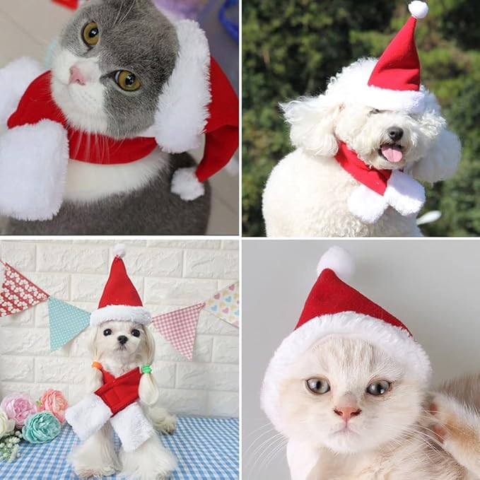 YUJUN 2PCS Cat Santa Hat with Scarf Outfit for Puppy Kitten Christmas Party Costume Supplies