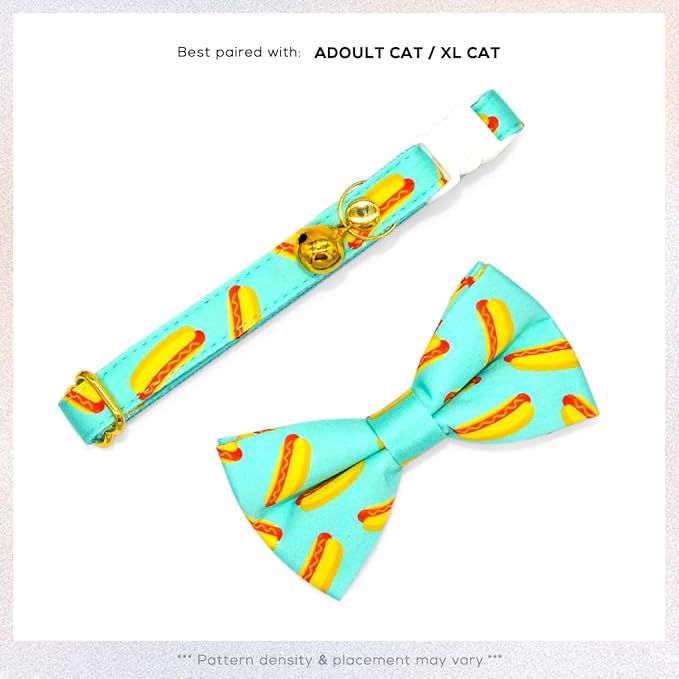 Hot Dog Cat Collar Bow Tie, Blue Cat Collar, Breakaway Safety Collars, Wedding/Birthday Cat Accessories, Adjustable Bowtie, Removable Jingle Bell