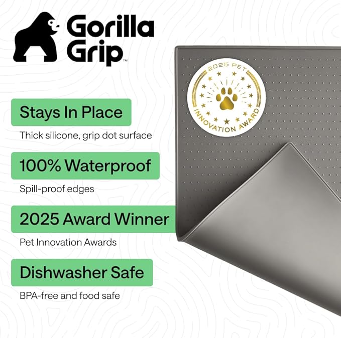 GORILLA GRIP 100% Waterproof Raised Edge BPA Free Silicone Pet Feeding Mat, Dog Cat Food Mats Contain Spills Protects Floors, Placemats for Cats and Dogs Water Bowl, Pets Accessories 23x15 Gray