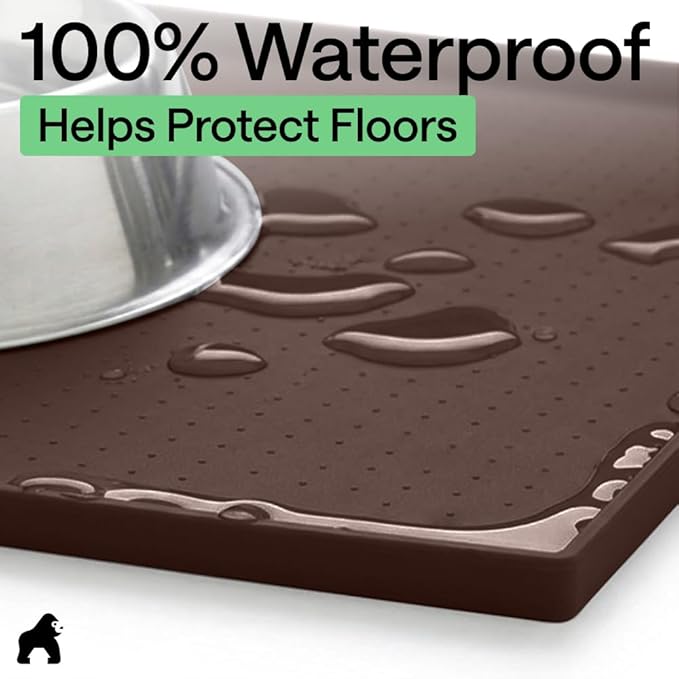 GORILLA GRIP 100% Waterproof Raised Edge BPA Free Silicone Pet Feeding Mat, Dog Cat Food Mats Contain Spills Protects Floors, Placemats for Cats and Dogs Water Bowl, Pets Accessories 28x18 Brown