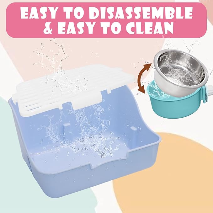 Rabbit Litter Box Trainer with Hay Feeder Hanging Bowls Water Dispenser for Cage Drawer Pan Litter Bedding Small Animal Pet Toilet Bunny Guinea Pigs Chinchilla Ferret Small Animals Blue