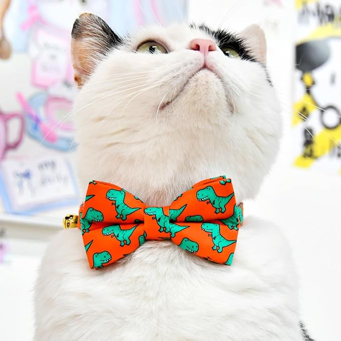 Cat Collar Bow Set, Green Dinosaur Red Background, Wedding/Birthday Breakaway Collar Bowtie for Kitten/Cat