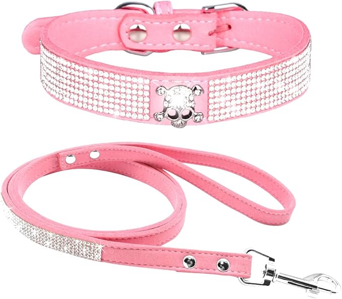 Cute Dazzling Sparkling Elegant Fancy Soft Suede Leather Bling Rhinestone Crystal Jeweled Pet Cat Dog Puppy Collar Dog Leash Combo Set (M(Neck 12.5-15"), Pink-5)