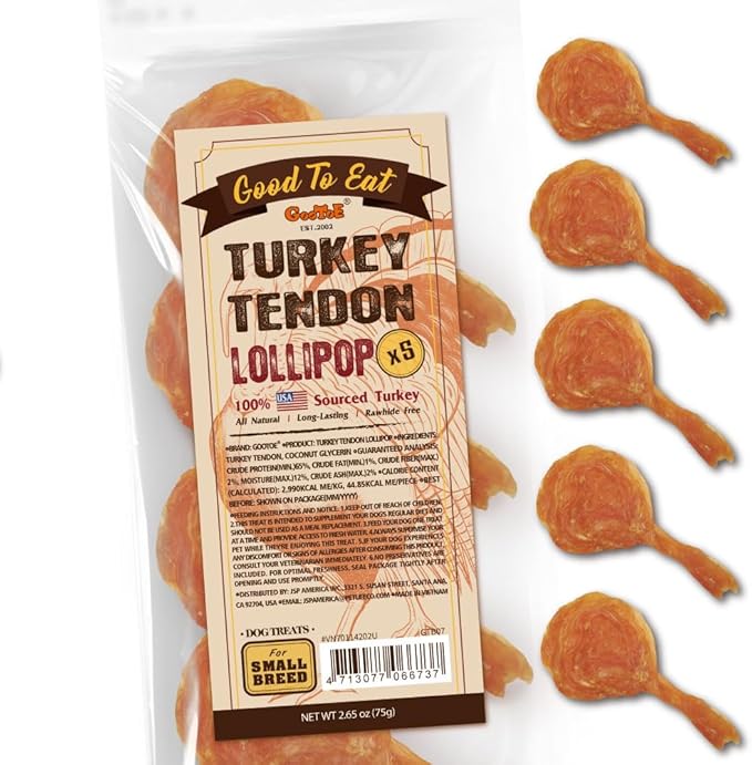 Gootoe Turkey Tendons for Dogs –All-Natural, Hypoallergenic Dog Treats, Rawhide Alternative, Long Lasting Puppy Chews, Healthy Dog Treats for Small Breeds, Lollipop (S), 5 Count Pack