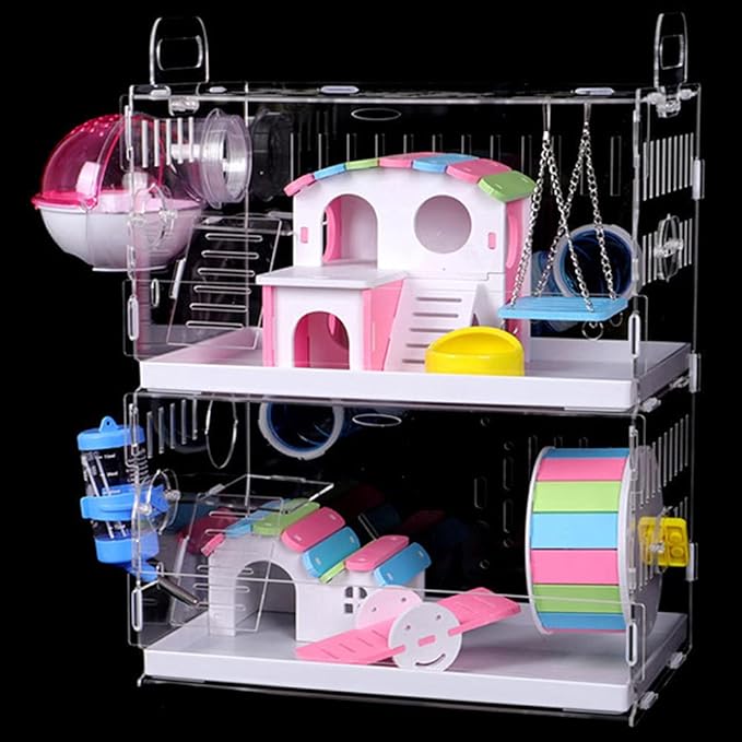 DuvinDD Hamster Cages with Crossover Tubes Tunnels, Large Hamster Cage Habitats Gerbil House, Transparent Acrylic Small Animal Cage for Pet Rat, Syrian Hamster, Mouse with Accessories
