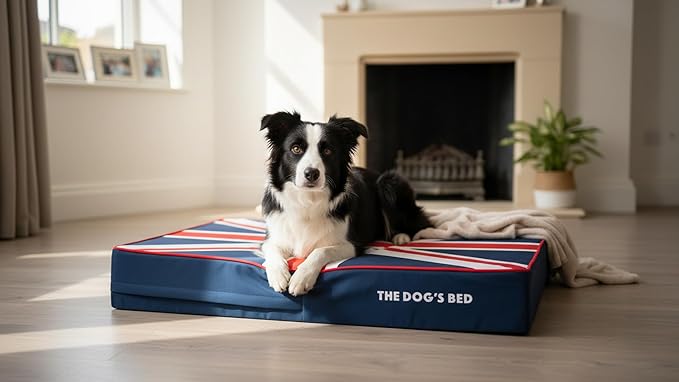 The Dog’s Bed Orthopedic Memory Foam Dog Bed for Large Dogs, Waterproof Washable Cover, Anti-Slip Base, Calming Surface – CertiPUR-Certified Foam, Blue & Red Trim UK Center Flag, 6 Inch Thick