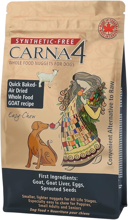 CARNA4 Air Dried Dog Food, Goat Recipe, Quick Baked Whole Food Nutrition with Sprouted Seeds, Natural Probiotics & Enzymes, No Synthetics, Grain-Free, Easy-Chew - 2.2lbs