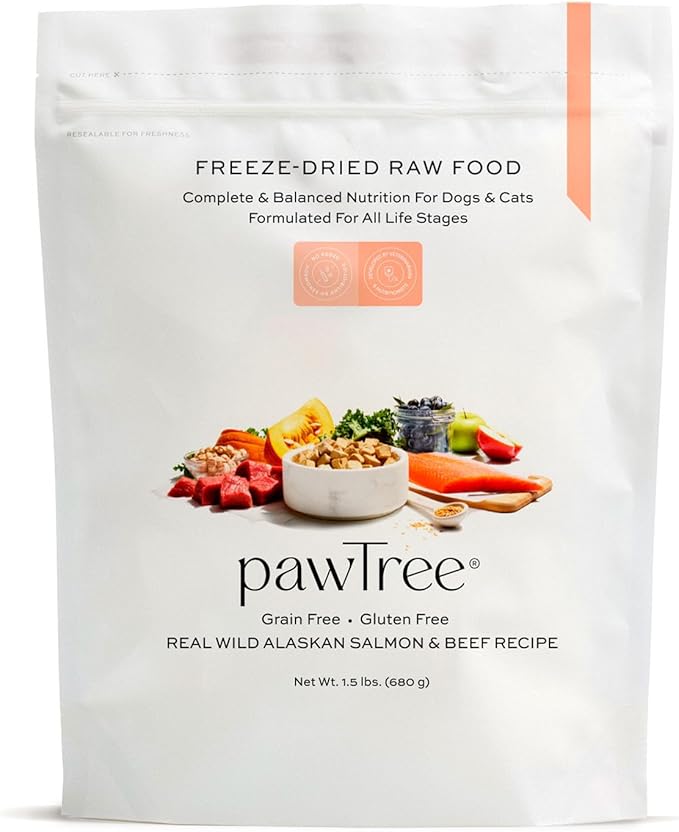 pawTree Freeze-Dried Raw Food for Dogs & Cats. Nutrient-Rich, All-Natural, Complete & Balanced Nutrition. Real Meat, Vegetables & Superfoods (Wild Alaskan Salmon & Beef)