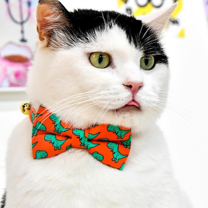 Cat Collar Bow Set, Green Dinosaur Red Background, Wedding/Birthday Breakaway Collar Bowtie for Kitten/Cat