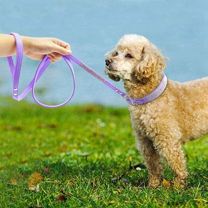 Cute Dazzling Sparkling Elegant Fancy Soft Suede Leather Bling Rhinestone Crystal Jeweled Pet Cat Dog Puppy Collar Dog Leash Combo Set (L(Neck 15-18"), Purple-3)
