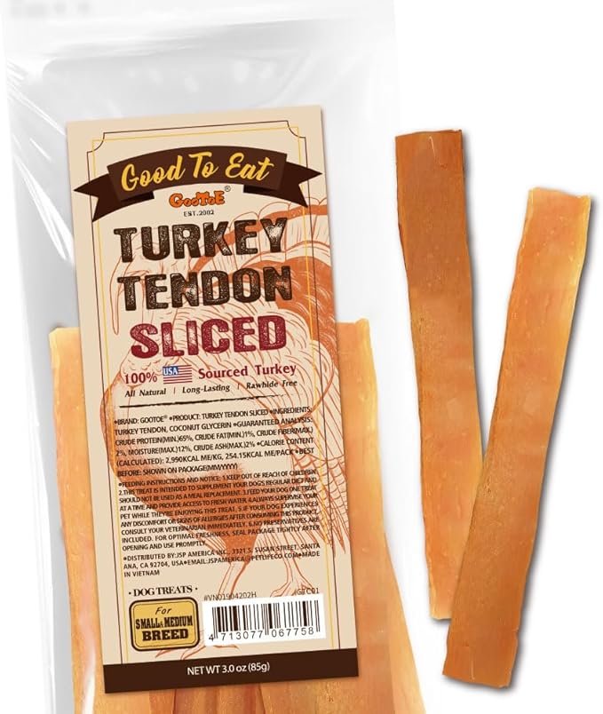 Gootoe Turkey Tendons for Dogs –All-Natural, Hypoallergenic Dog Treats, Rawhide Alternative, Long Lasting Puppy Chews, Healthy Dog Treats for Medium Breeds, Sliced (M), 3 oz Pack (85 g)