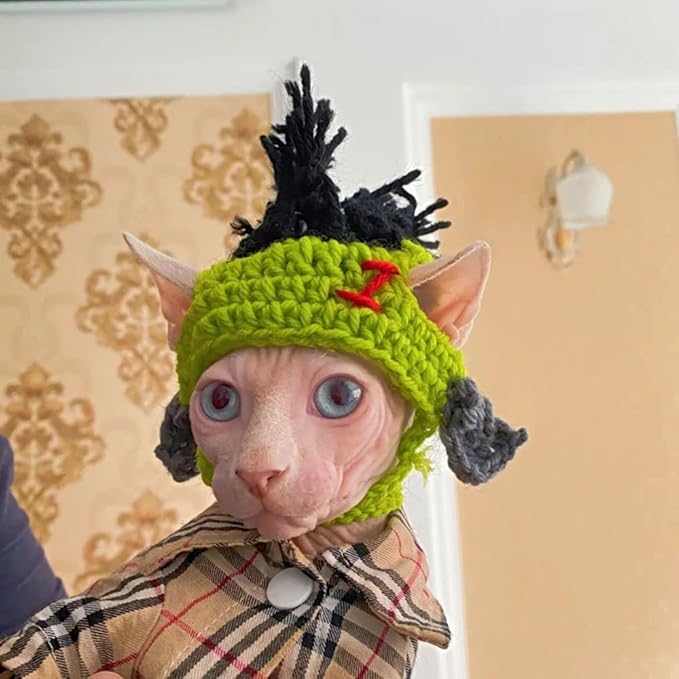 Cat Knitted Hat with Dreadlocks - Pet Woolen Cap Cool Wigs Cosplay Headwear for Sphinx Kitten Puppy Halloween Costume Party Accessories Christmas Birthday S (3.3 lbs - 6.6lbs), Green
