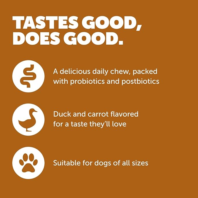 Protexin Daily Care Gut+ Wellness | 60 Dog Chews, Duck and Carrot Flavor Dog Supplement | Probiotics for Dogs, Dog Postbiotics