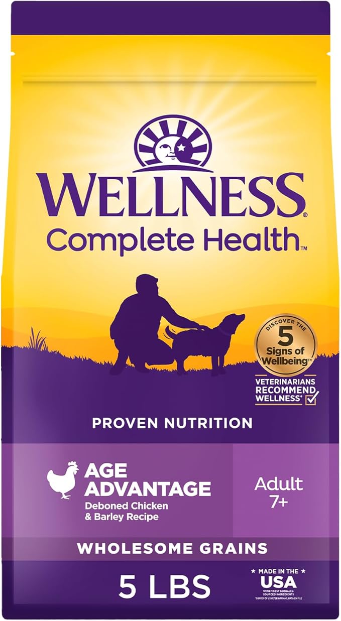 Wellness Complete Health Senior Dry Dog Food, Wholesome Grains, Natural, Age Advantage Chicken & Barley Recipe, (5-Pound Bag)