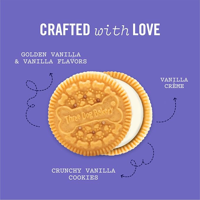 Three Dog Bakery Lick'n Crunch! Sandwich Cookies, Golden & Vanilla Flavor, Premium Treats for Dogs, 13 Ounce Box, 6-Pack, (114060)