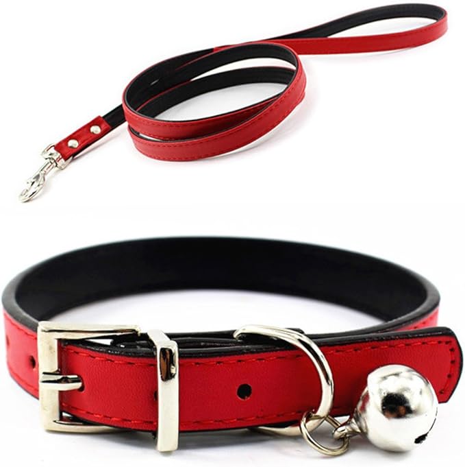 Metal Buckle Pet Collar and Leash Set with Bell Suit for Cats or Puppy Dogs White/Black/Red/Pink/Blue/Brown (M (Collar + Leash), Red)