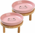 Lusifaco Shallow Elevated Cat Bowls,5.9 Inch Wide Raised Ceramic Cat Dishes with Bamboo Stand, Whisker Friendly Pet Water or Food Plates Feeding Station for Indoor Cats, Kitten(Pink,Set of 2)