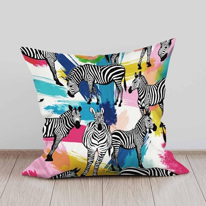 Throw Pillow Covers Black White Zebra Tropical Jungle Colorful Painting,Set of 2 Square Decorative,Cushion Pillows Cover for Couch and Bed for Men/Women 18X18 Inch