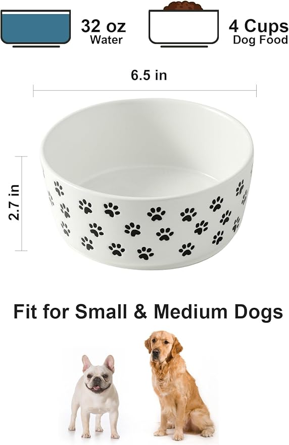 UBEE 6.5 inch Dog Bowls Set of 2, Ceramic Dog Food Water Bowl Dish with Paw Pattern, Pet Food Water Dishes Feeding for Small and Meidum Dogs and Large Cat, White
