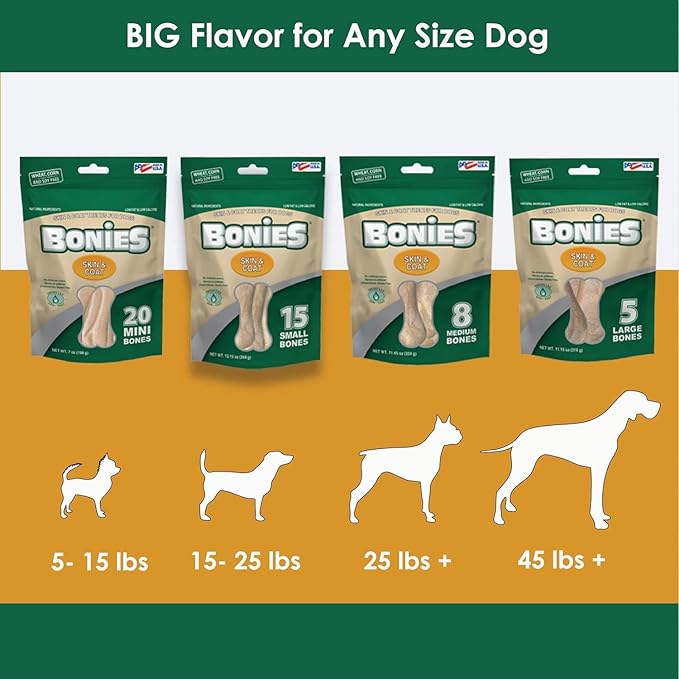 Bonies Natural Skin & Coat Formula Large-Sized Single Bone - Promote Silky Coat & Healthy Skin, Healthy Teeth & Fresh Breath, Low Calories - Chicken Flavor, [Large Dogs], 72 Bones