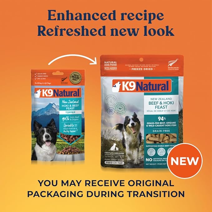 K9 Natural Beef & Hoki Freeze Dried Dog Food, High-Meat Natural Complete Meal or Meal Toppers for Dogs, Grass-Fed Beef & Hoki from New Zealand, Grain-Free, GMO-Free, Complete & Balanced, 3.5oz