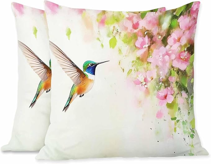 Pillow Covers Flying Hummingbird and Pink Flowers Oil Painting 18X18 Inch,Throw Pillow Covers Decor for Couch Bedroom Living for Men Women Pack of 2