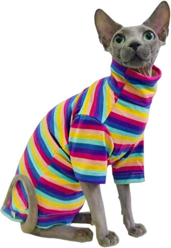 Vintage Stripes Sphynx Hairless Cats Shirt Cotton Cat Turtleneck Pet Clothes Kitten T-Shirts with Sleeves for Sphynx Cornish Rex, Devon Rex, Peterbald (Rainbow Stripe, Large (Pack of 1))