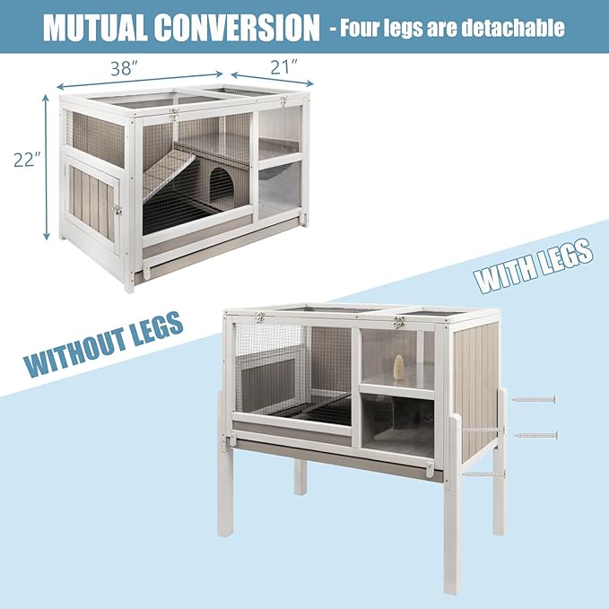 Gowoodhut Elevated Guinea Pig Cage 36.6" H Wooden Outdoor Rabbit Hutch with Wire Netting Above The Pull Out Tray, Detachable Legs Hamster Cage Pet House for Small Animals, Grey