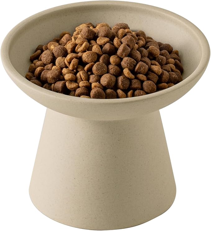 CEEFU Extra Wide Elevated Ceramic Cat Bowl - 6.2" Shallow Dish for Whisker Fatigue Relief, 5" Height for Easy Feeding, Lead & Cadmium Free, Durable Raised Cat Food Bowls, Pottery Clay (Not Glazed)