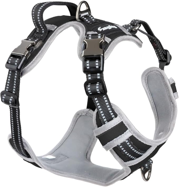 DogTraxs Dog Harness for Medium Dogs - No Pull Front Clip, Adjustable Step in Reflective Vest with Metal Buckles - Black