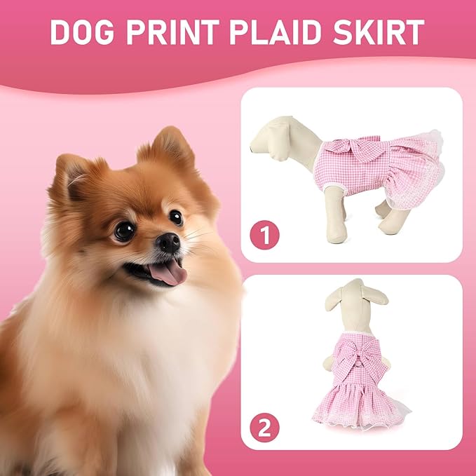 Dog Dress Plaid with Bowknot Cute Dress for Small Dog Cat Puppy Outfits with Harness Leash（ Pink，X-Small ）