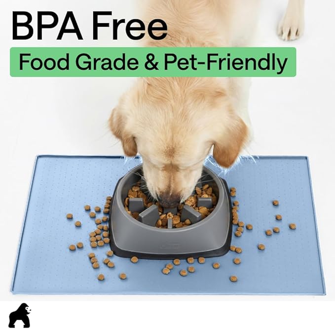 GORILLA GRIP 100% Waterproof Raised Edge BPA Free Silicone Pet Feeding Mat, Dog Cat Food Mats Contain Spills Protects Floors, Placemats for Cats and Dogs Water Bowl, Pets Accessories 32x24 Blue