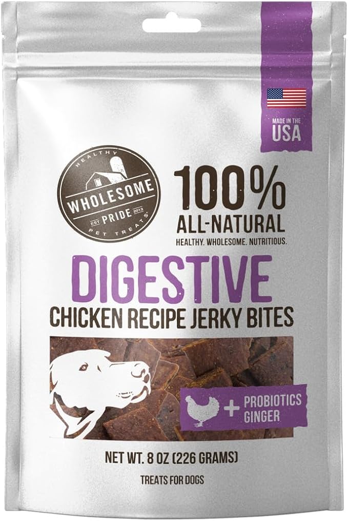 Wholesome Pride Functional Digestive Support Chicken Jerky Bites, USA Made Dog Treats - 8 oz