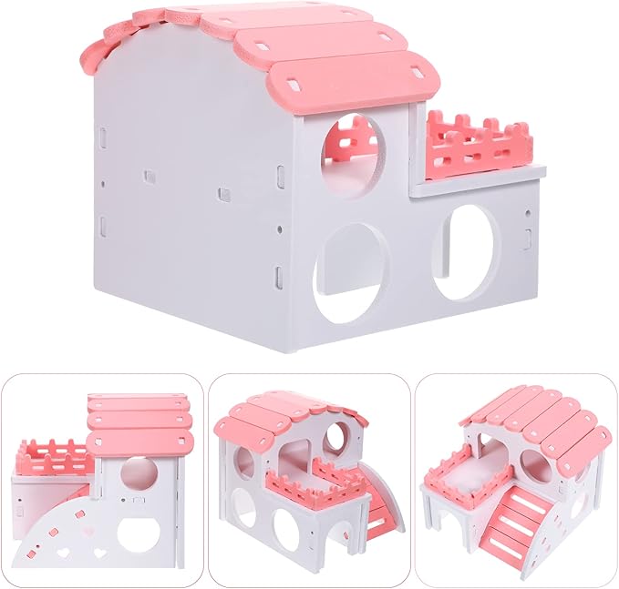 3 Pieces Fun Hamster Guinea Pig Hideout Kit Include PVC Hamster House, Rainbow Bridge, Seesaw DIY Exercise Playhouse for Rats Mouse Small Animals(Small,Pink)