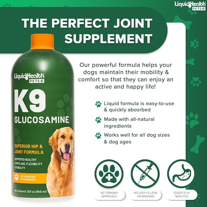 LIQUIDHEALTH Pets K9 Liquid Glucosamine for Dogs, Puppies, Senior Canines with Chondroitin, MSM, Hyaluronic Acid - Dog Vitamins for Hip & Joint Health, Dog Joint Oil, Joint Juice - Made in USA (32 oz)