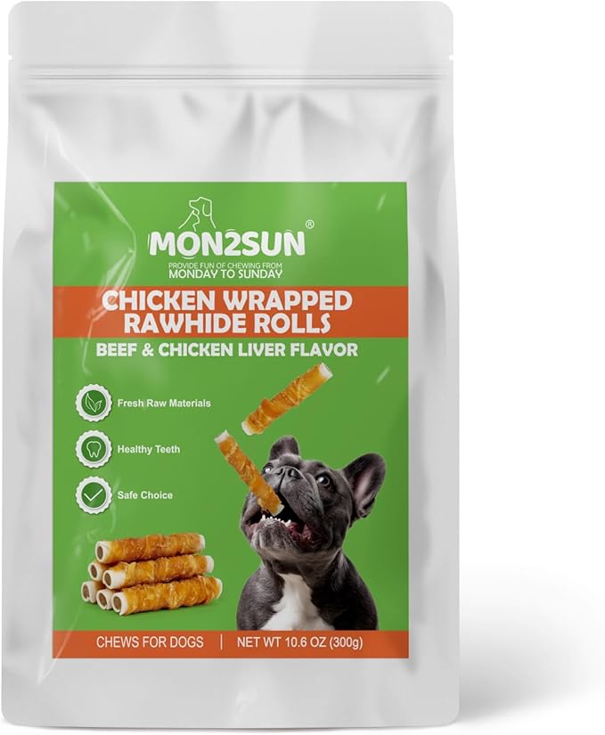 MON2SUN Dog Treats 5 Inch Chicken Wrapped Stuffed Rawhide Rolls with Beef and Chicken Liver, Rawhide Chews for Small and Medium Dogs, 10.6 oz (6 Count)