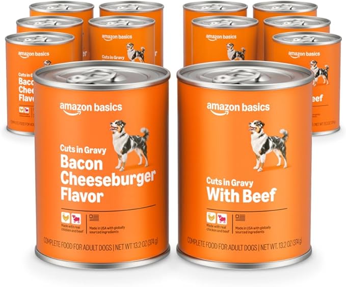Amazon Basics Wet Dog Food Meaty Loaf Variety Pack, Bacon Cheeseburger Flavor and Beef Flavor, Made with Real Chicken and Beef, 13.2 oz can (6 cans of Each Flavor, 12 cans in Total)