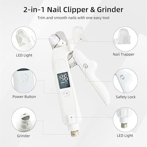 2-in-1 Guinea Pig & Rabbit Nail Grinder & Clipper - Rechargeable Electric Nail File Trimmer with LED Light, Quiet Low-Speed for Small Pets, Bunny - Safe No-Bleed Grooming Tool - White