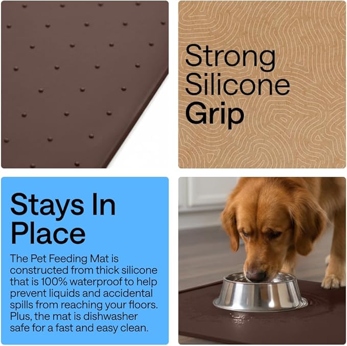 GORILLA GRIP 100% Waterproof Raised Edge BPA Free Silicone Pet Feeding Mat, Dog Cat Food Mats Contain Spills Protects Floors, Placemats for Cats and Dogs Water Bowl, Pets Accessories 23x15 Brown