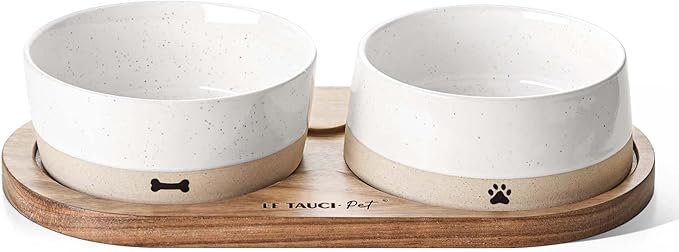 LE TAUCI PET Ceramic Dog and Cat Bowls Set with Acacia Wood Tray - 2 Cup Weighted Non-Slip Food and Water Dishes for Small Dogs & Cats, Pet Bowl Set of 2