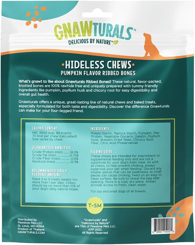 Rawhide Free Dog Chews | Ribbed Bones | for Small - Medium Dogs | Pumpkin, Psyllium Husk and Chicory Root for Easy Digestion and Overall Gut Health (12 Bones, Pumpkin)